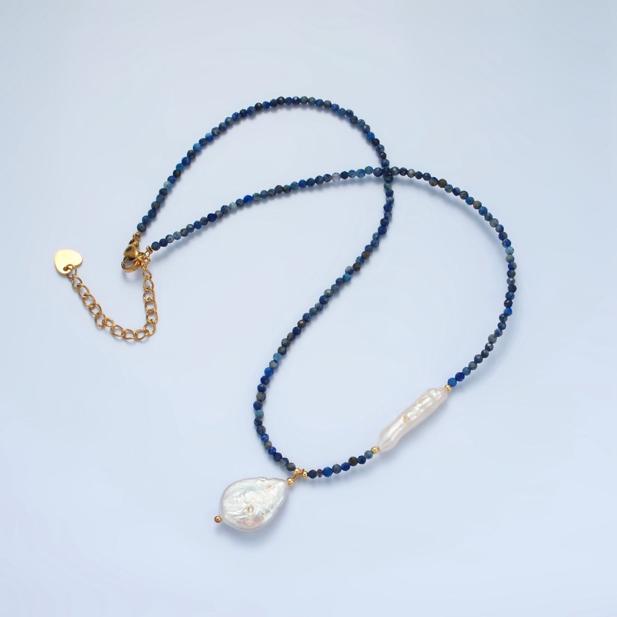 Handmade Blue Lapis Lazuli Beaded Chain Necklace with Fresh Water Pearl 15.35 inch | WA2566 - DLUXCA