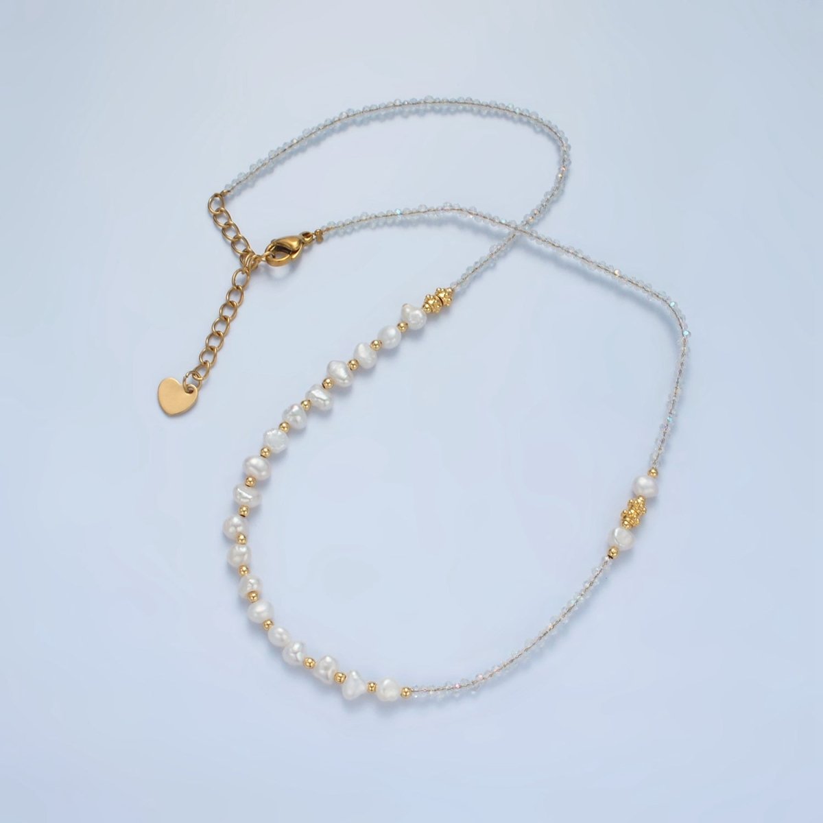 Handmade Clear Quartz Beaded Chain Necklace with Freshwater Pearl 15.15 inch | WA2585 - DLUXCA