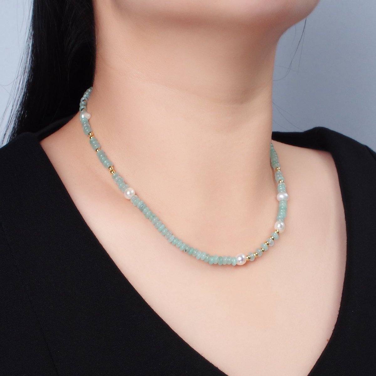 Handmade Green Amazonite Rondell Beaded Chain Necklace with Fresh Water Pearl 15.55 inch | WA2567 - DLUXCA