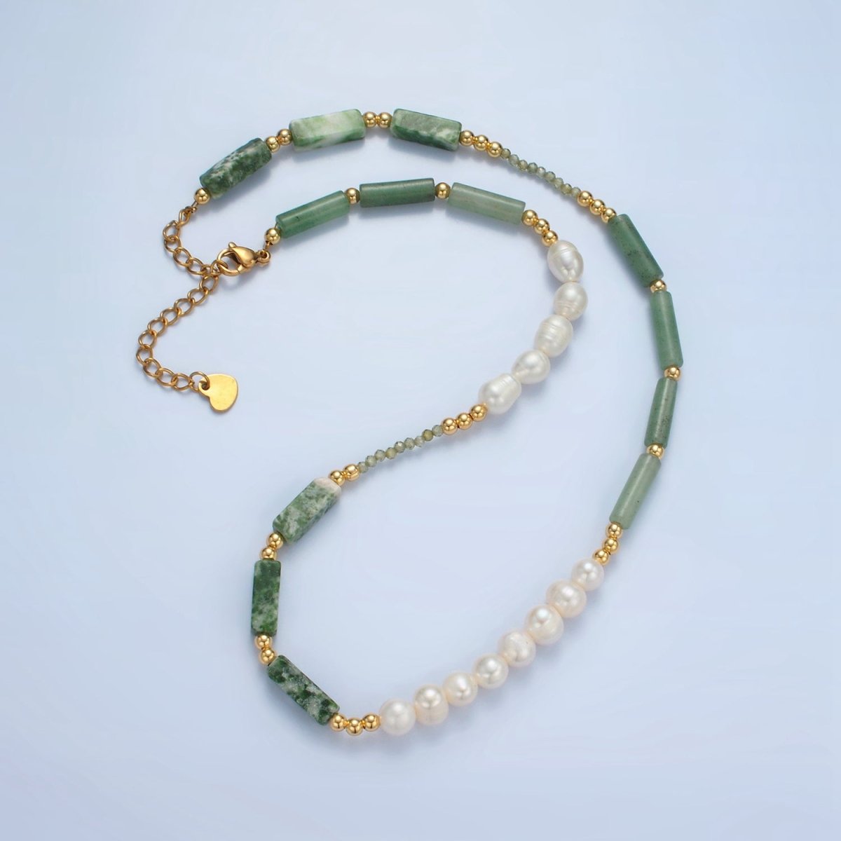 Handmade Green Jade Bead Chain Necklace with Freshwater Pearl 15.55 Inch with Extender | WA2584 - DLUXCA