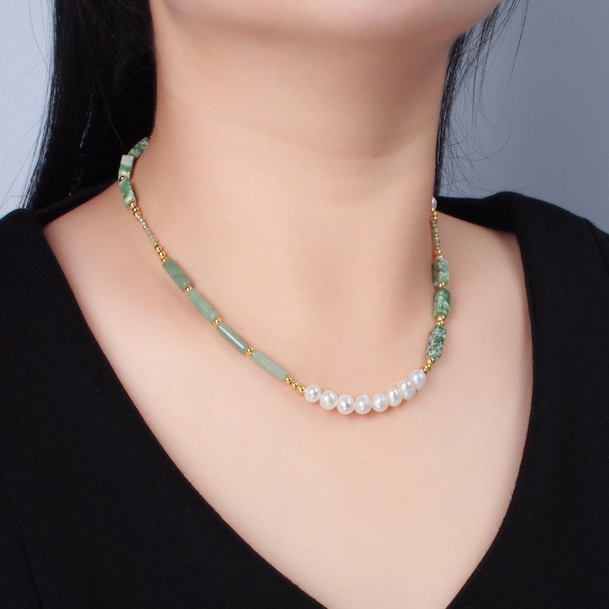 Handmade Green Jade Bead Chain Necklace with Freshwater Pearl 15.55 Inch with Extender | WA2584 - DLUXCA