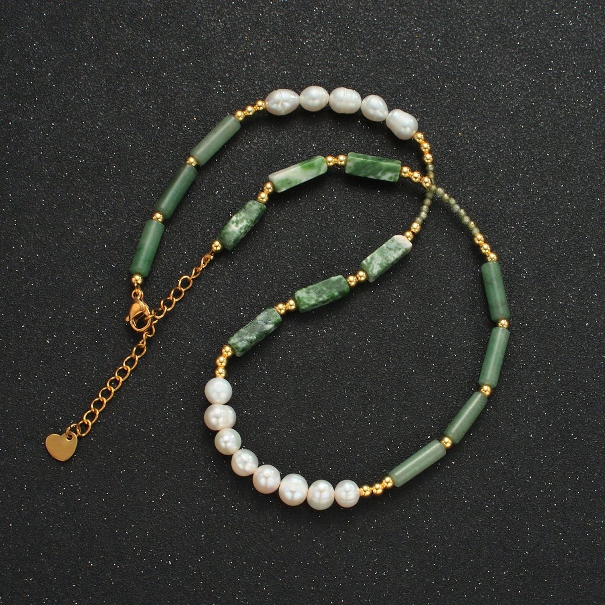 Handmade Green Jade Bead Chain Necklace with Freshwater Pearl 15.55 Inch with Extender | WA2584 - DLUXCA