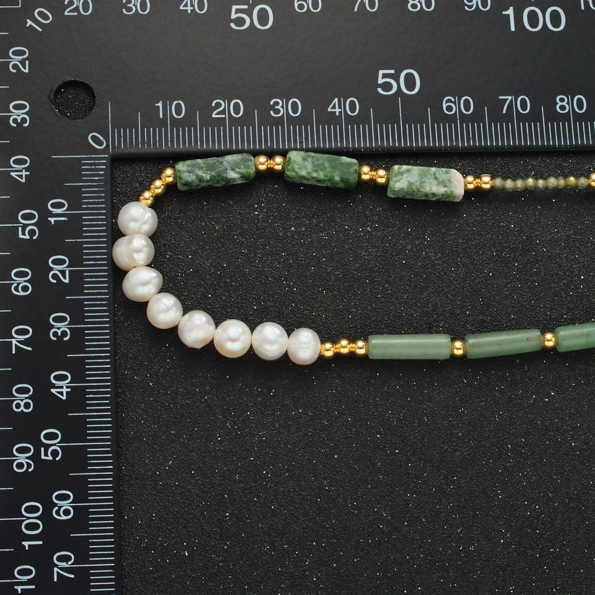 Handmade Green Jade Bead Chain Necklace with Freshwater Pearl 15.55 Inch with Extender | WA2584 - DLUXCA