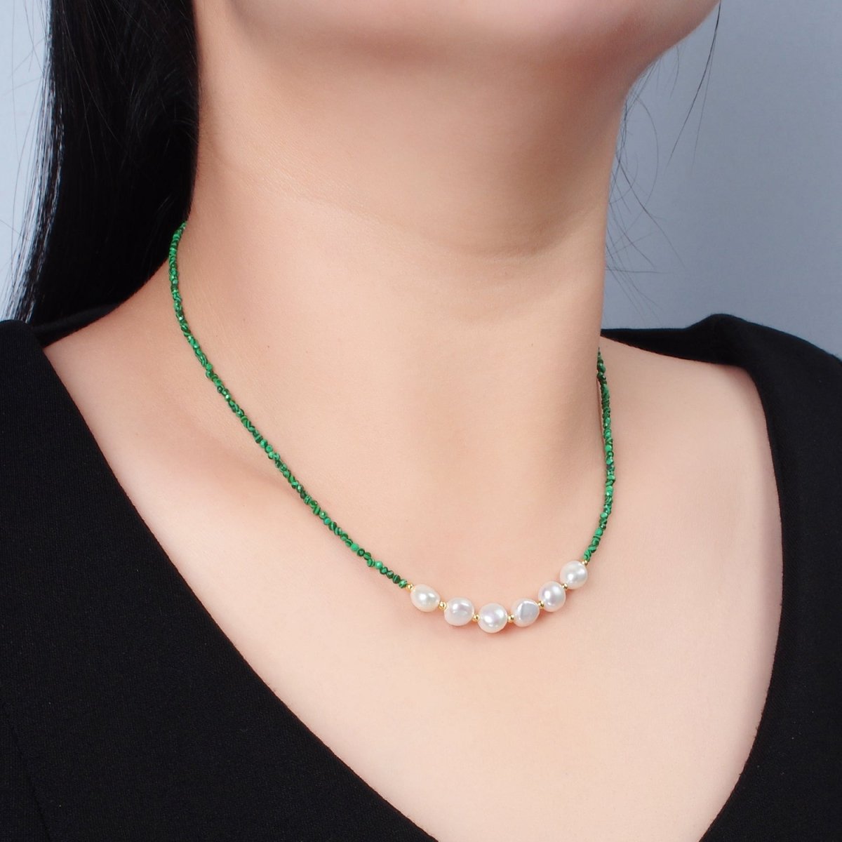 Handmade Green Malachite Beaded Chain Necklace with Freshwater Pearl 15.55 inch | WA2569 - DLUXCA