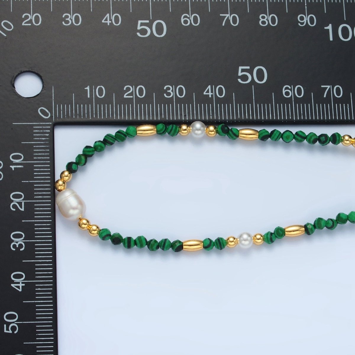 Handmade Green Malachite Beaded Chain Necklace with Freshwater Pearl 17.91 Inch with Extender | WA2587 - DLUXCA