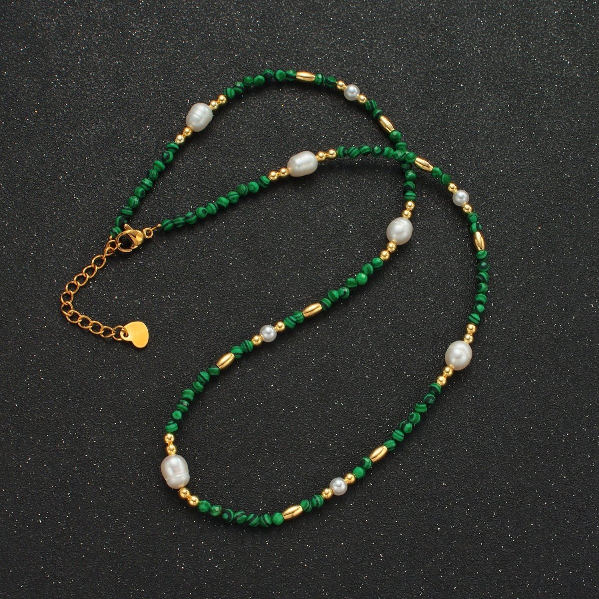 Handmade Green Malachite Beaded Chain Necklace with Freshwater Pearl 17.91 Inch with Extender | WA2587 - DLUXCA