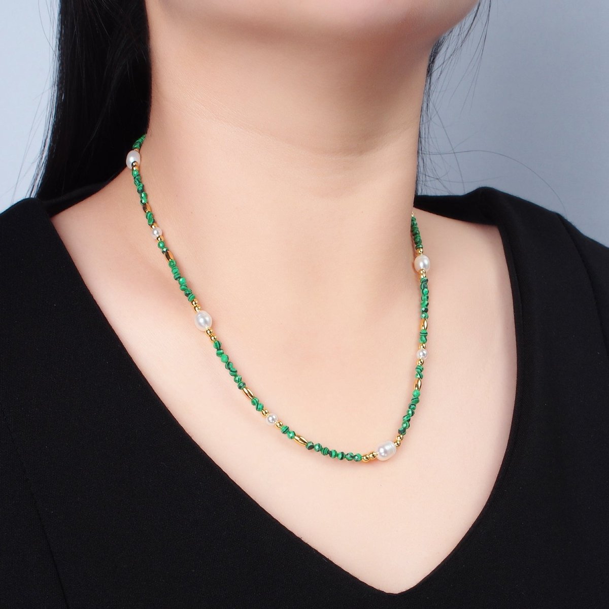 Handmade Green Malachite Beaded Chain Necklace with Freshwater Pearl 17.91 Inch with Extender | WA2587 - DLUXCA