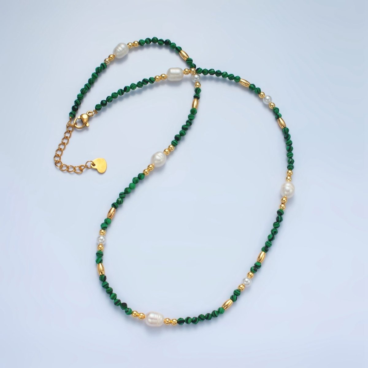 Handmade Green Malachite Beaded Chain Necklace with Freshwater Pearl 17.91 Inch with Extender | WA2587 - DLUXCA