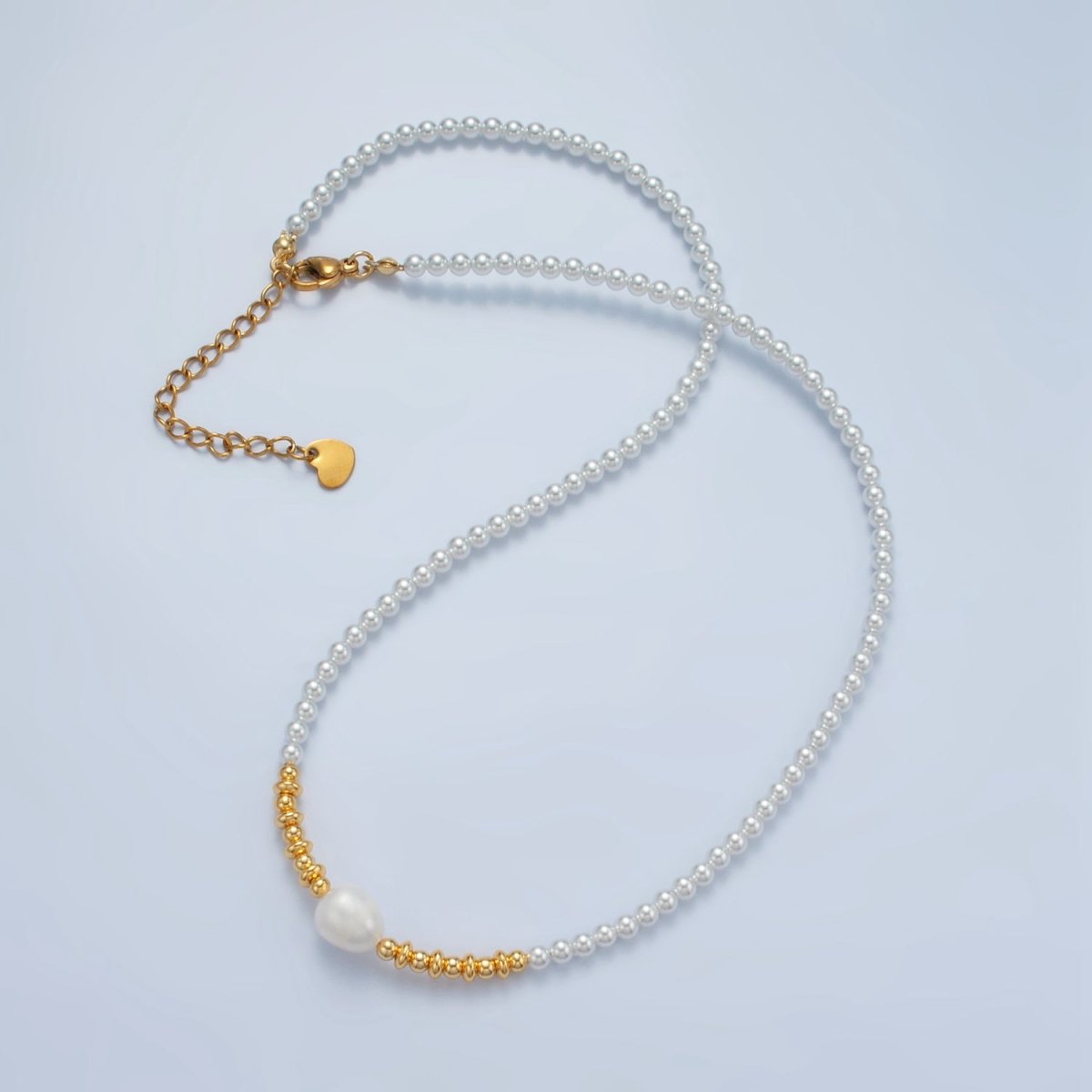 Handmade Imitation Pearl Beaded Chain Necklace with Freshwater Pearl Charm 16.14 Inch with Extender | WA2577 - DLUXCA