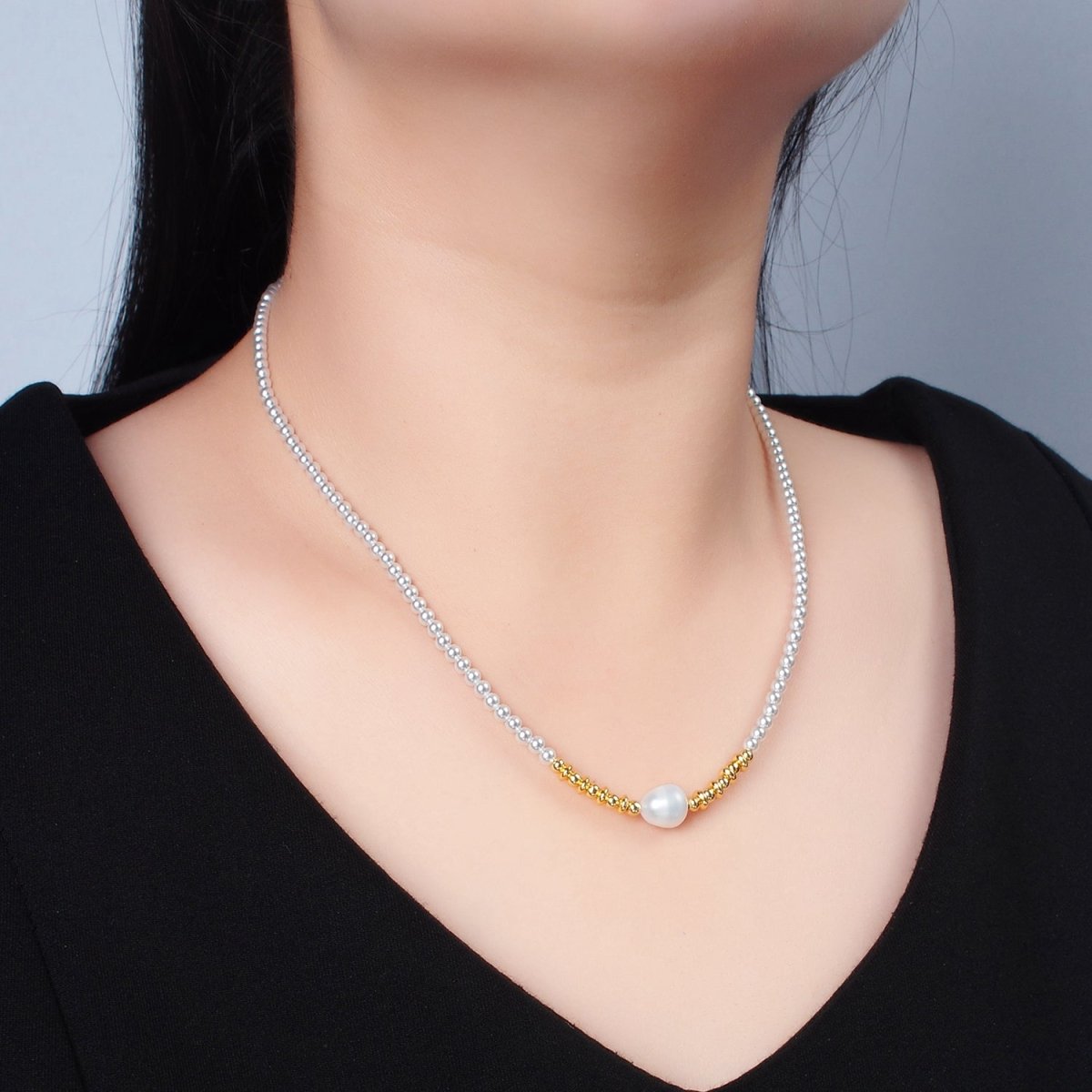 Handmade Imitation Pearl Beaded Chain Necklace with Freshwater Pearl Charm 16.14 Inch with Extender | WA2577 - DLUXCA