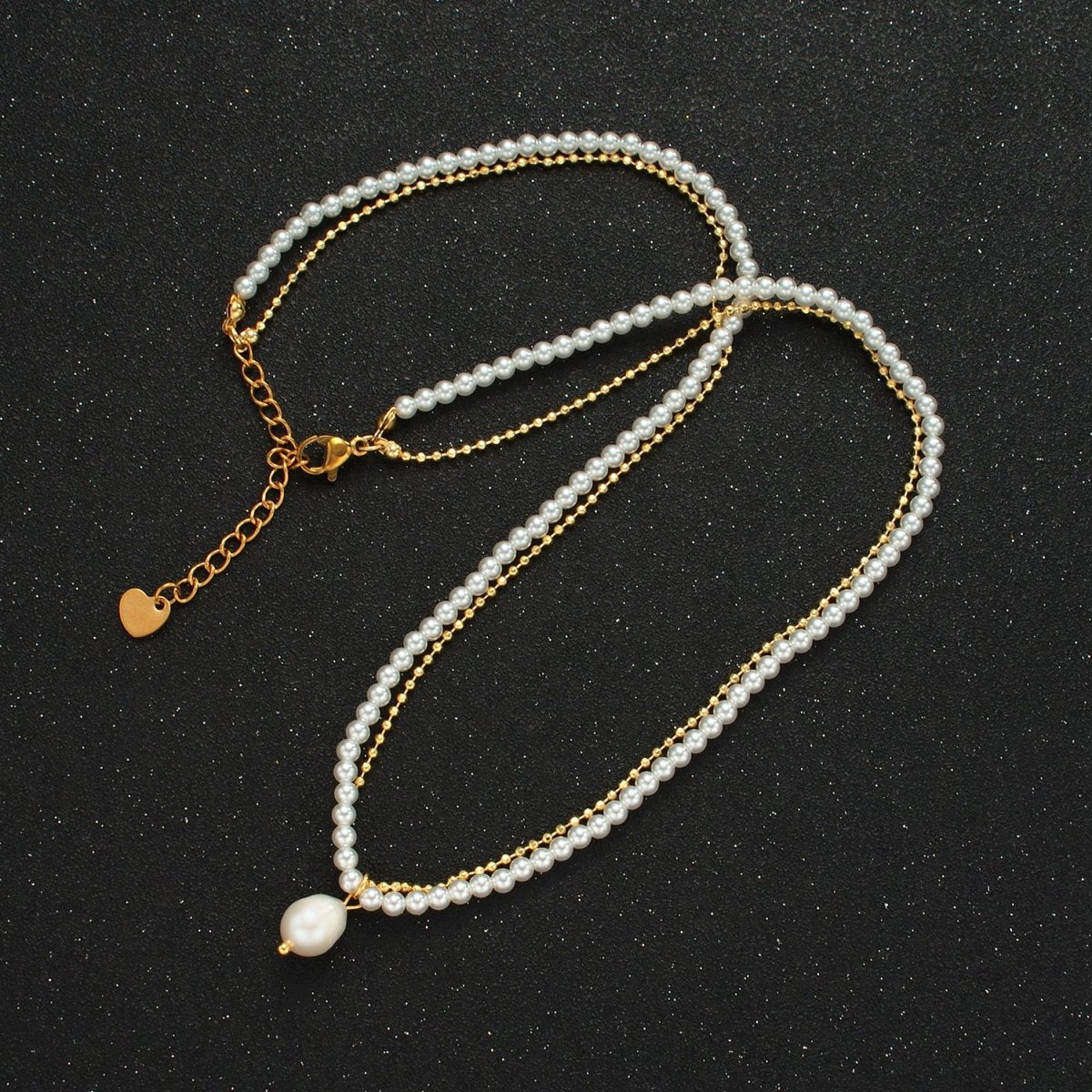 Handmade Imitation Pearl Beaded Chain Necklace with Freshwater Pearl Charm 16.73 Inch with Extender | WA2578 - DLUXCA