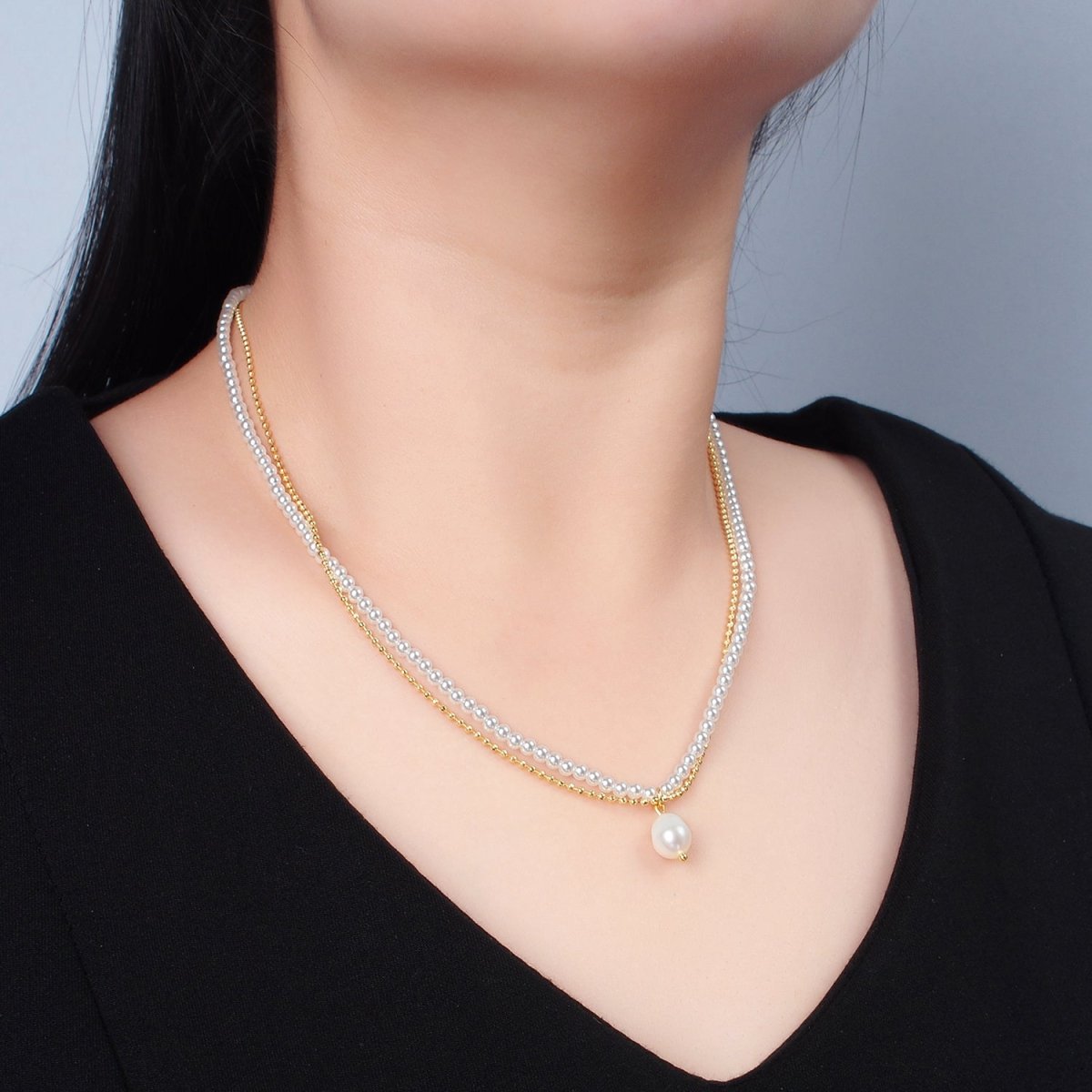 Handmade Imitation Pearl Beaded Chain Necklace with Freshwater Pearl Charm 16.73 Inch with Extender | WA2578 - DLUXCA