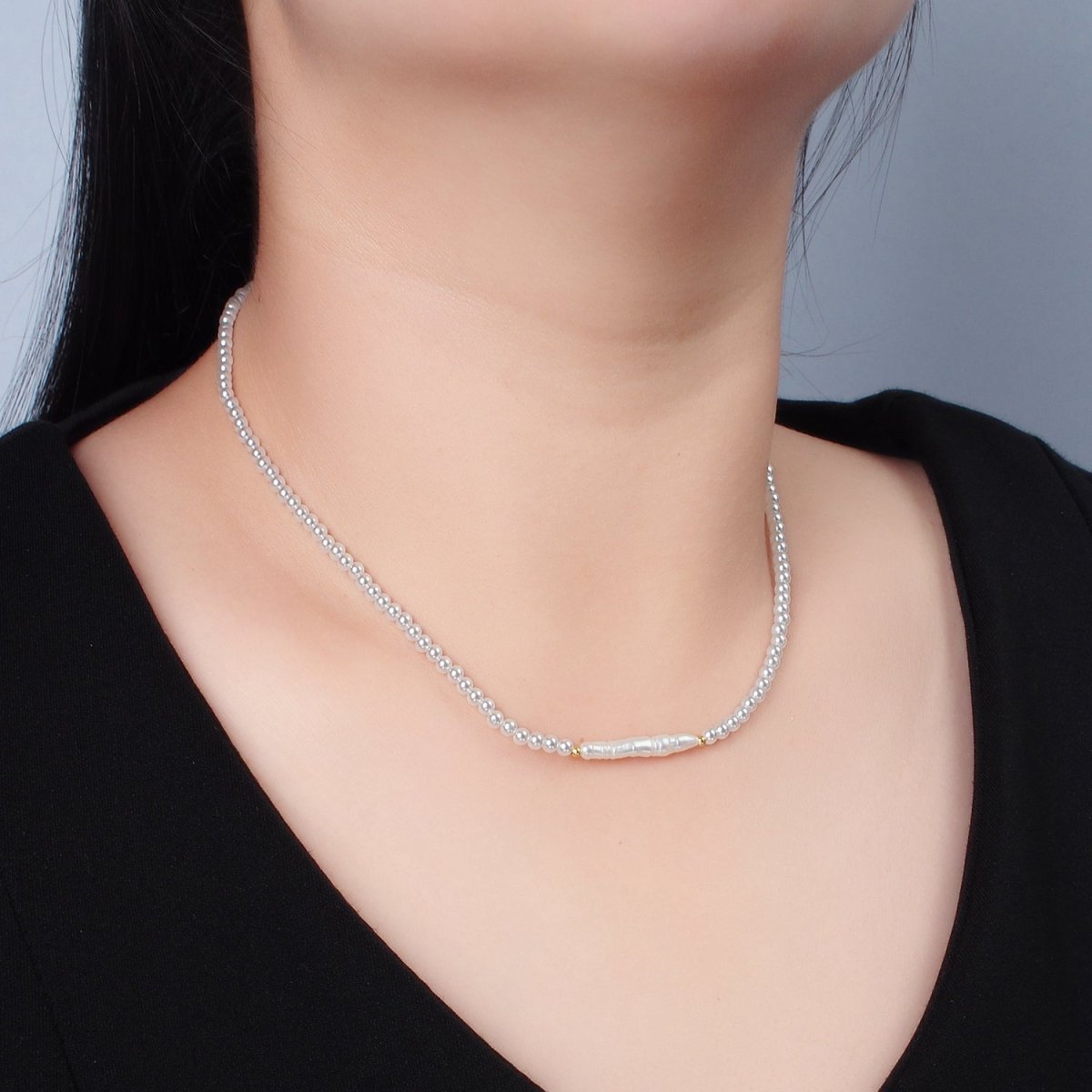 Handmade Imitation Pearl Beaded Chain Necklace with Mother of Pearl Charm 15.55 Inch with Extender | WA2580 - DLUXCA