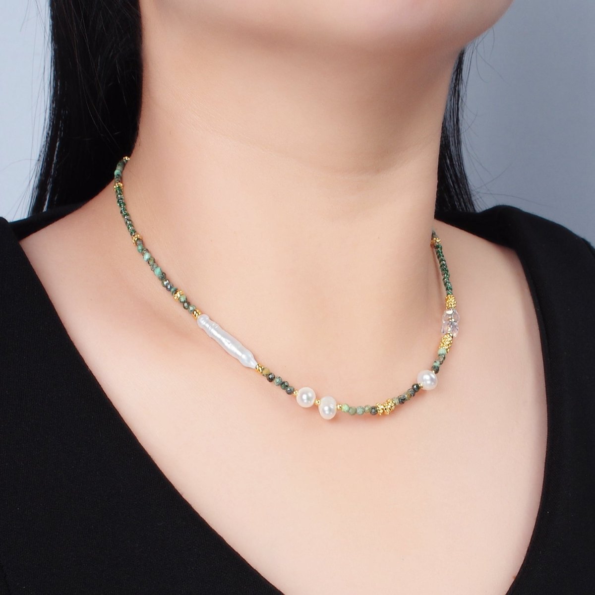 Handmade Multi Color Beaded Chain Necklace with Fresh Water Pearl 15.35 inch | WA2565 - DLUXCA