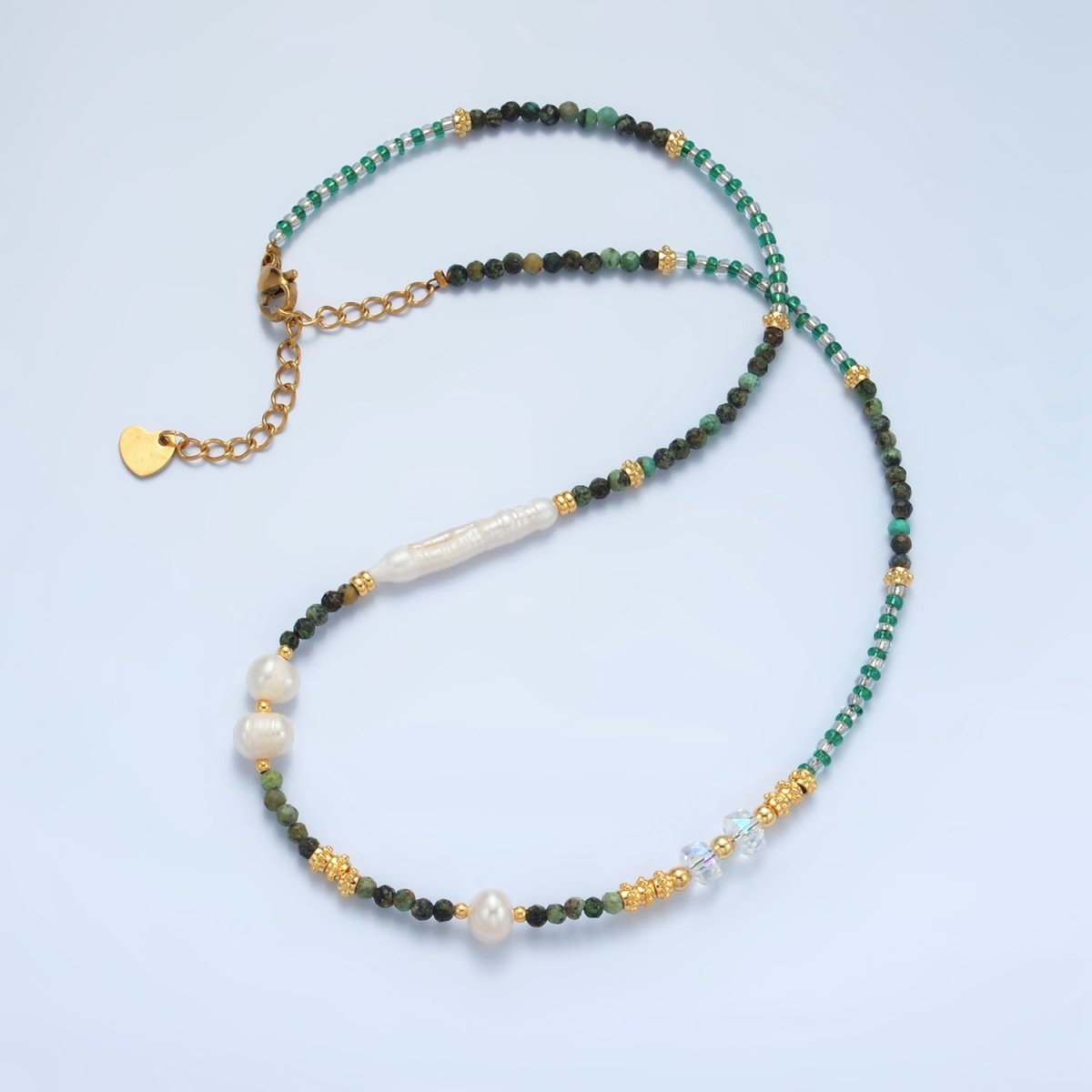 Handmade Multi Color Beaded Chain Necklace with Fresh Water Pearl 15.35 inch | WA2565 - DLUXCA