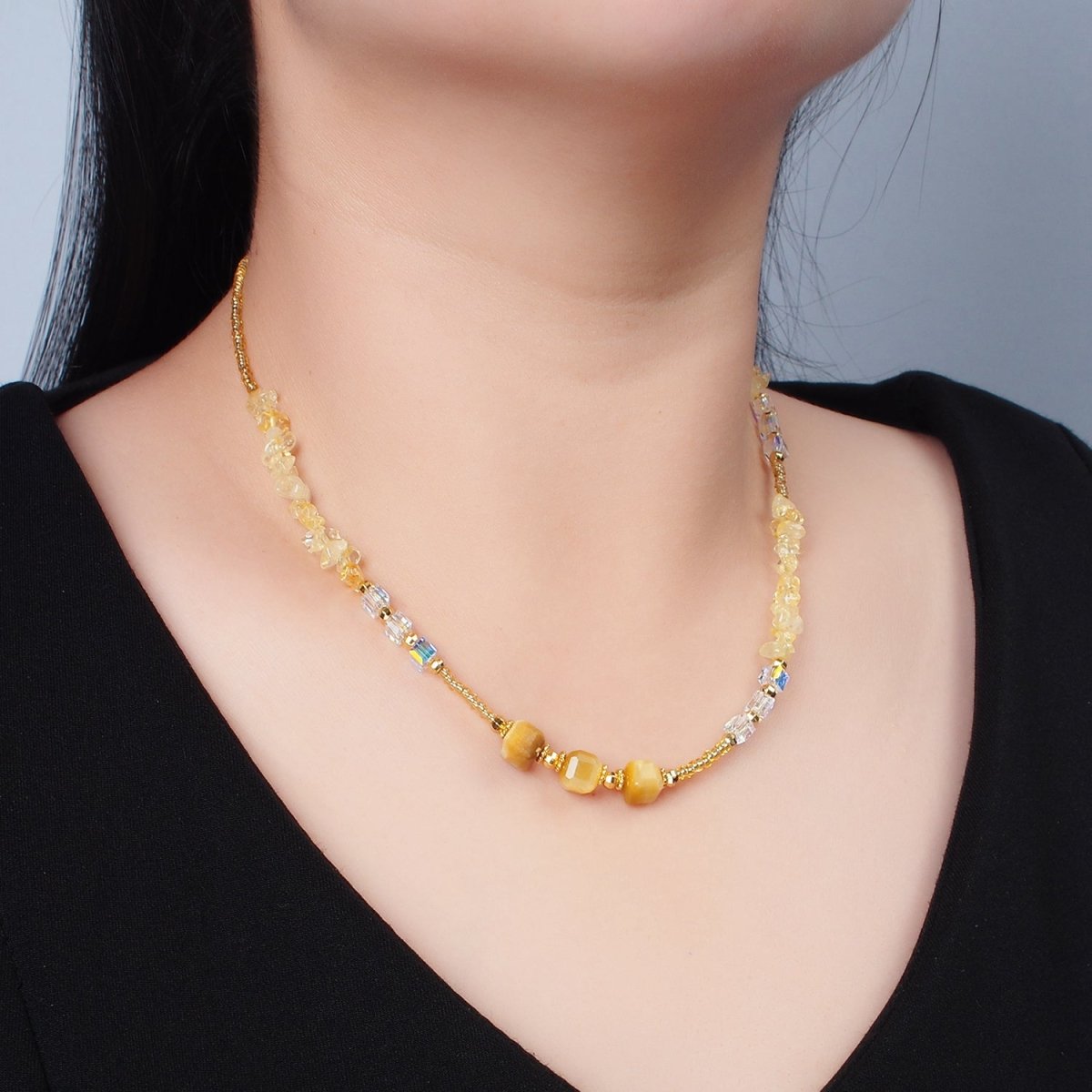 Handmade Orange Yellow Citrine Beaded Chain Necklace 15.94 Inch with Extender | WA2573 - DLUXCA