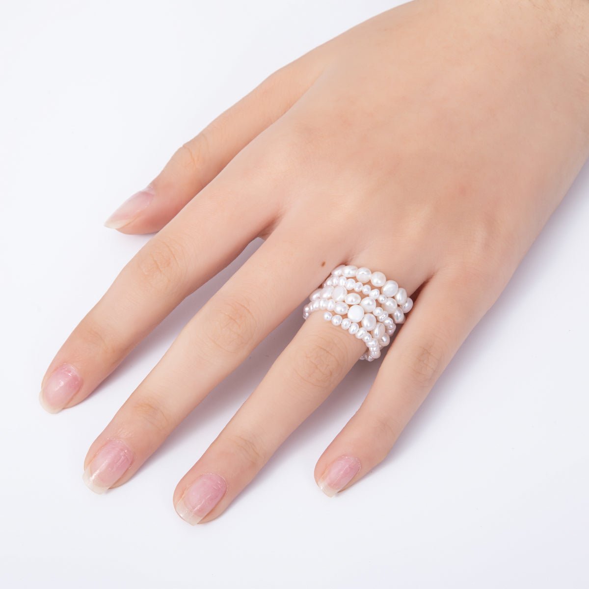 Handmade Pink White Natural Freshwater Seeds Pearls Wave Wrap Adjustable Ring | RINGS - 00001 - DLUXCA