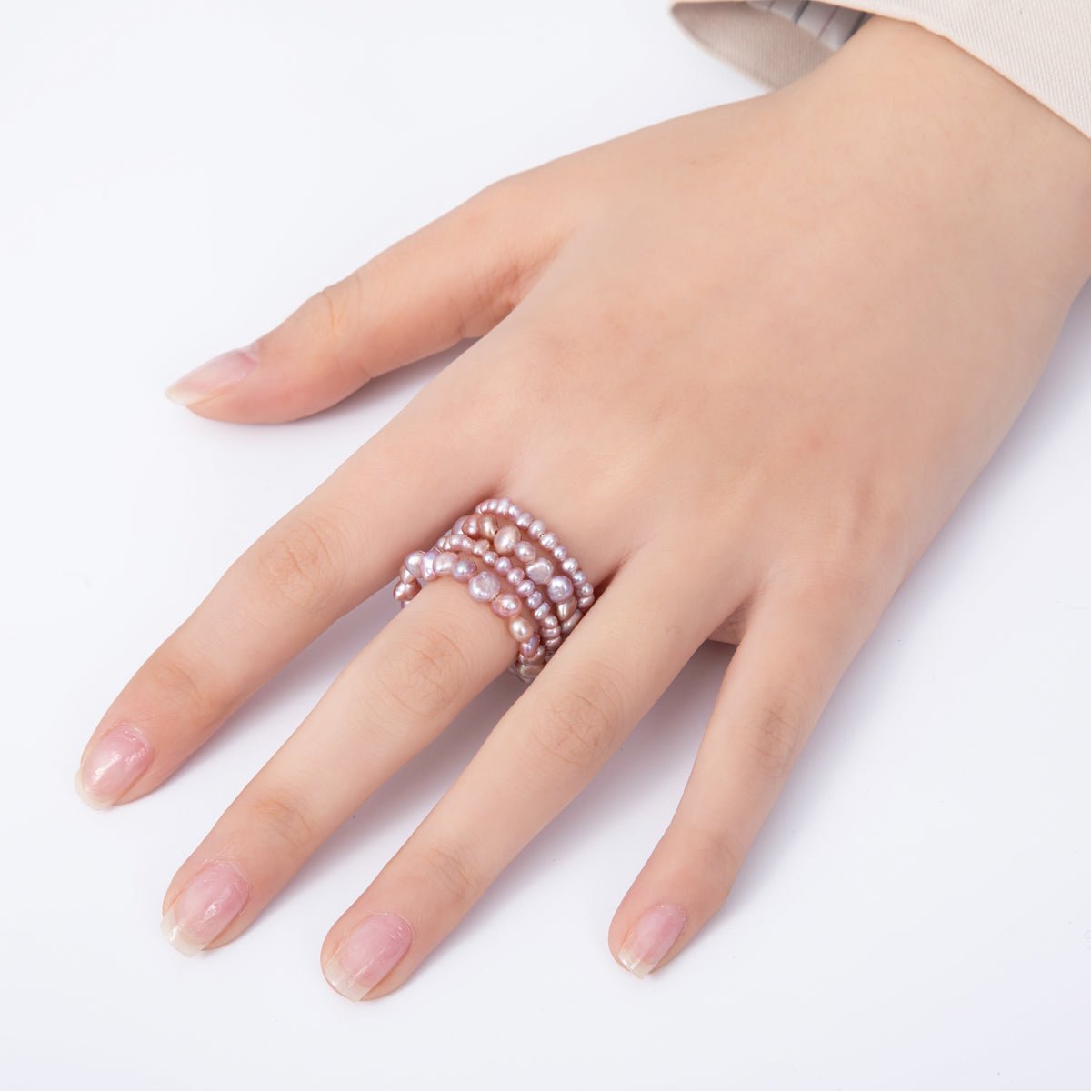 Handmade Pink White Natural Freshwater Seeds Pearls Wave Wrap Adjustable Ring | RINGS - 00001 - DLUXCA
