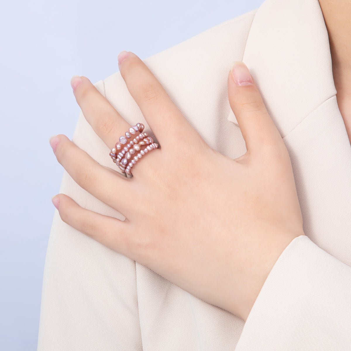 Handmade Pink White Natural Freshwater Seeds Pearls Wave Wrap Adjustable Ring | RINGS - 00001 - DLUXCA