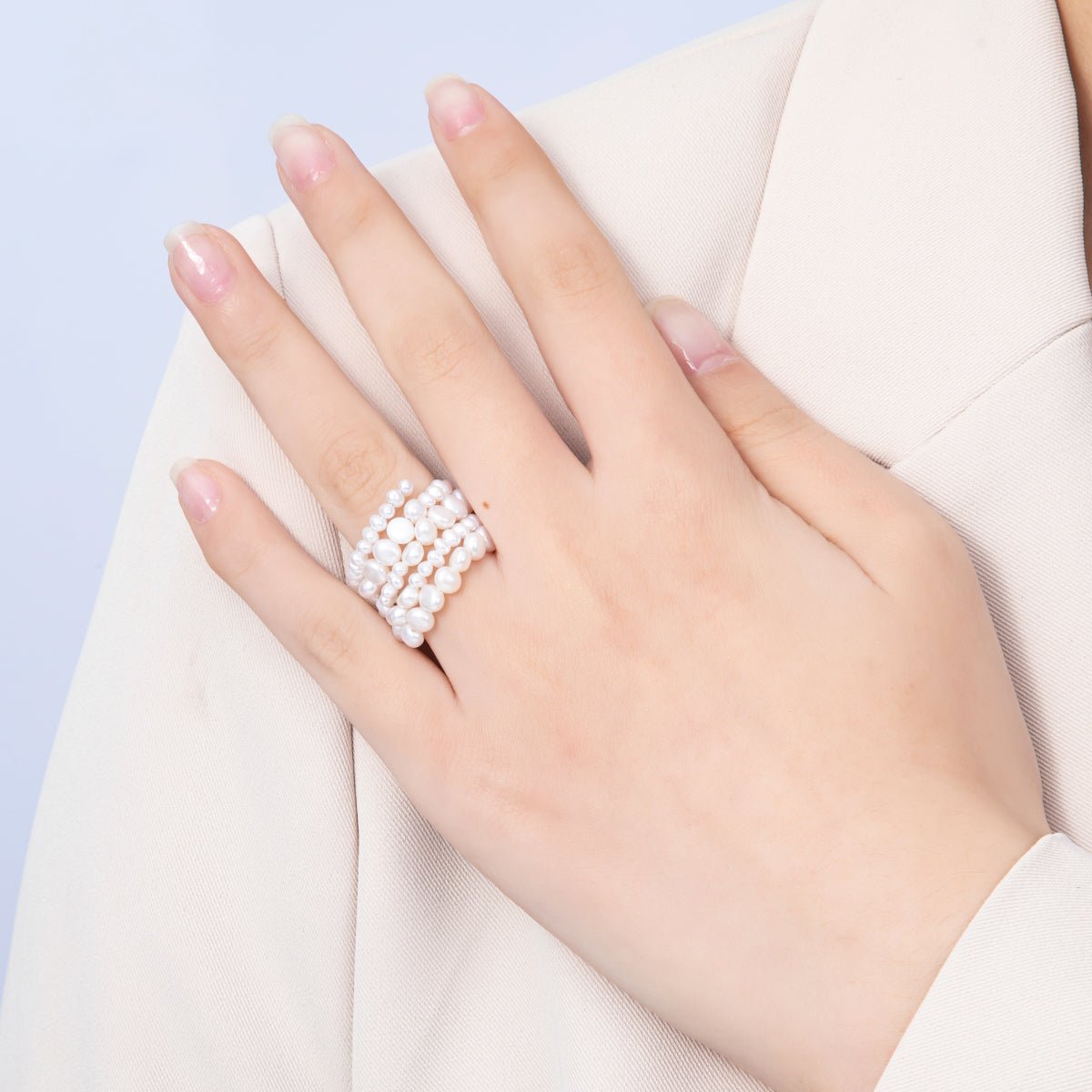 Handmade Pink White Natural Freshwater Seeds Pearls Wave Wrap Adjustable Ring | RINGS - 00001 - DLUXCA