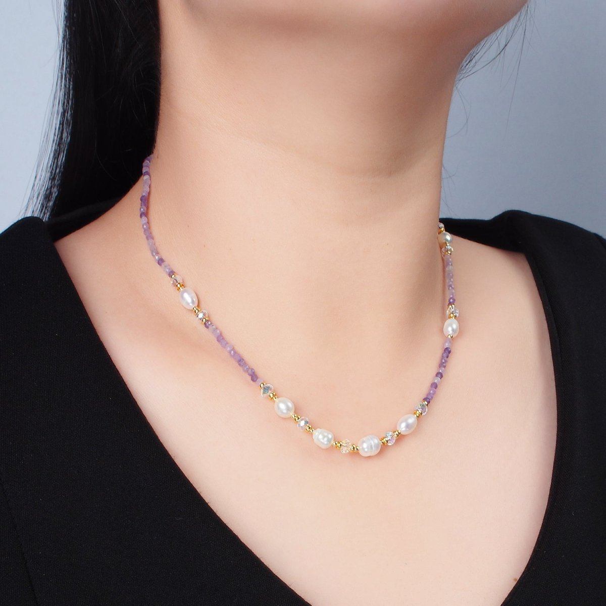 Handmade Purple Amethyst Beaded Chain Necklace with Freshwater Pearl 15.74 Inch with Extender | WA2574 - DLUXCA