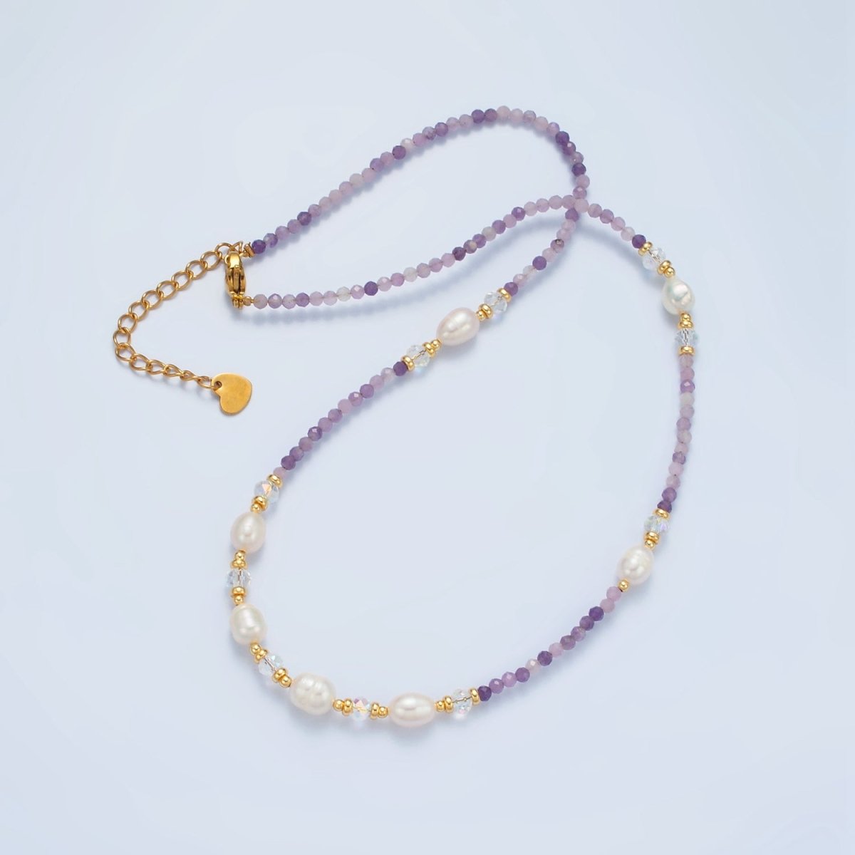 Handmade Purple Amethyst Beaded Chain Necklace with Freshwater Pearl 15.74 Inch with Extender | WA2574 - DLUXCA