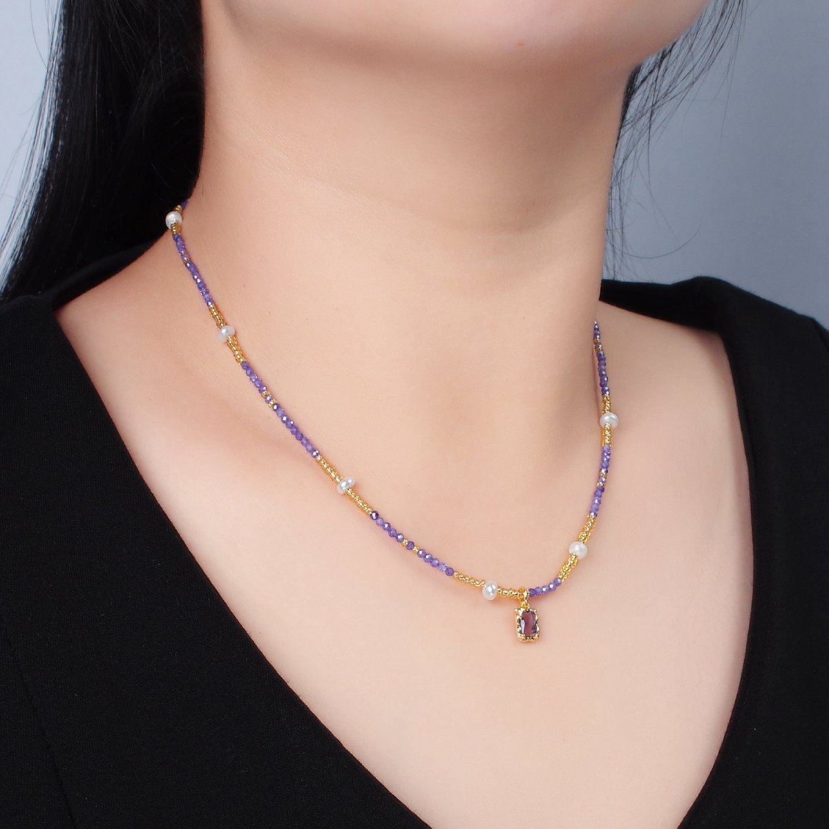 Handmade Purple Amethyst Beaded Chain Necklace with Freshwater Pearl 15.75 inch | WA2583 - DLUXCA