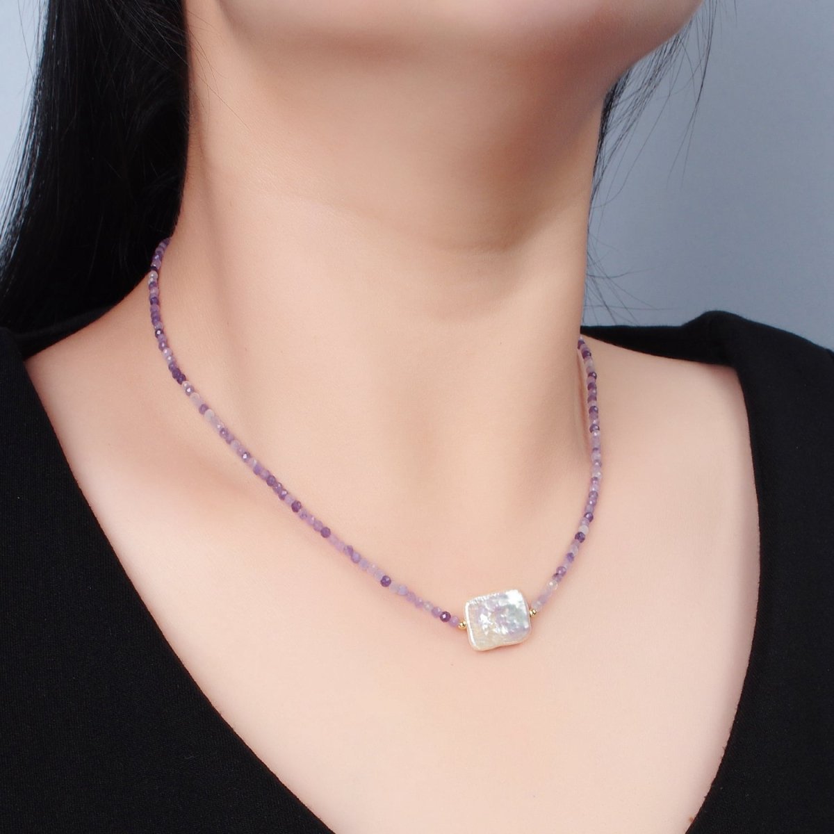 Handmade Purple Amethyst Beaded Chain Necklace with Mother of Pearl Charm 15.55 Inch with Extender | WA2575 - DLUXCA