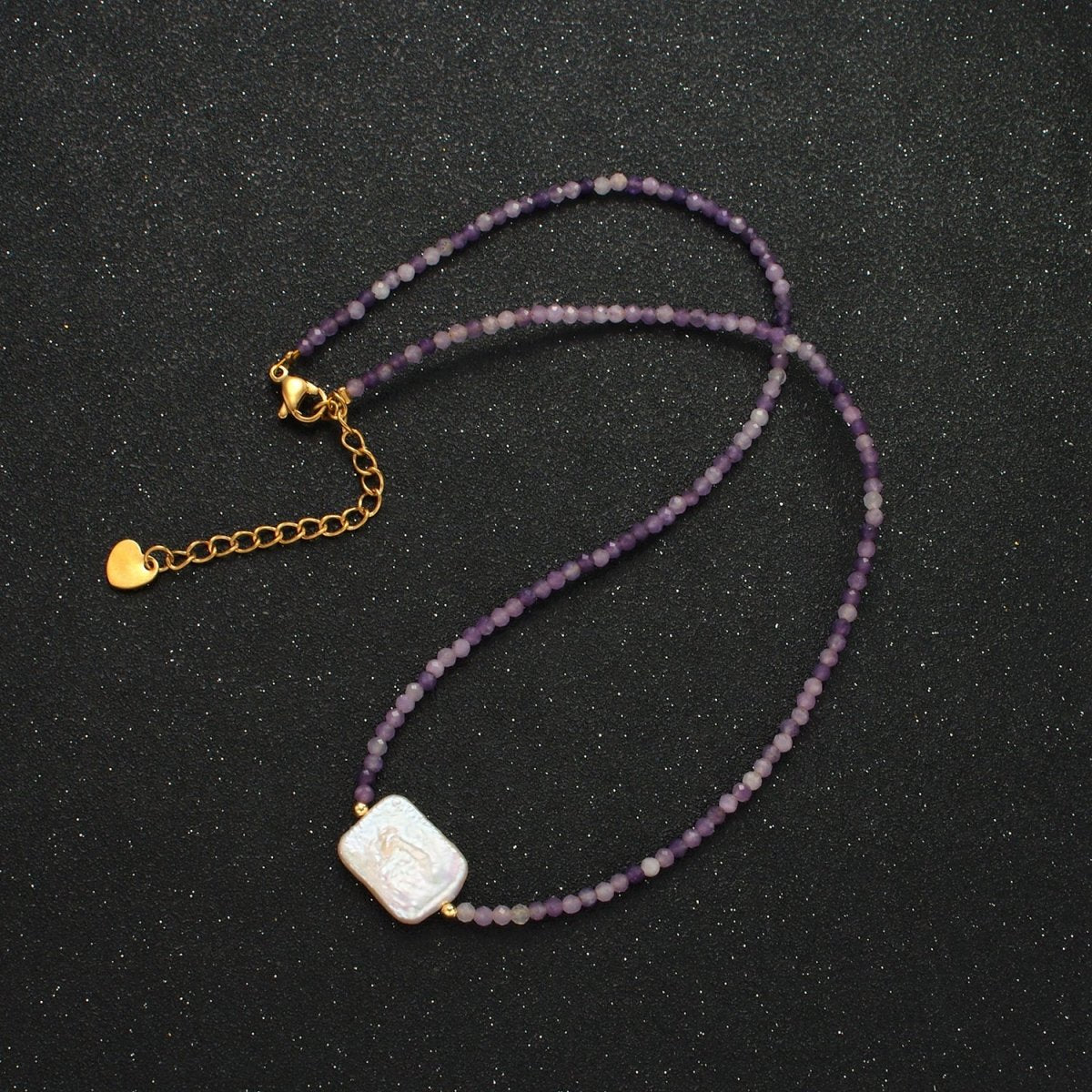 Handmade Purple Amethyst Beaded Chain Necklace with Mother of Pearl Charm 15.55 Inch with Extender | WA2575 - DLUXCA