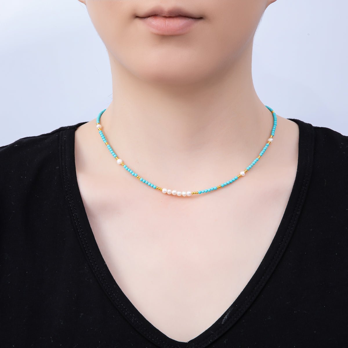 Handmade Stainless Steel 2.5mm Blue Turquoise Shell Pearl Bead Gemstone Chain 16 Inch Necklace | WA-04654 - DLUXCA