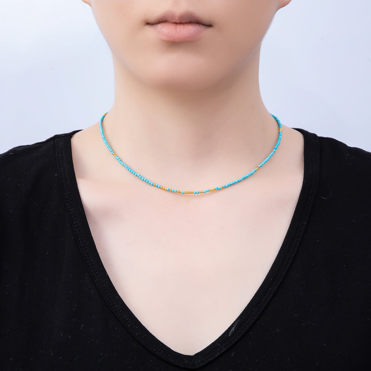 Handmade Stainless Steel 2mm Blue Turquoise Bead Multifaceted Gemstone Chain 15.5 Inch Necklace | WA-04652 - DLUXCA