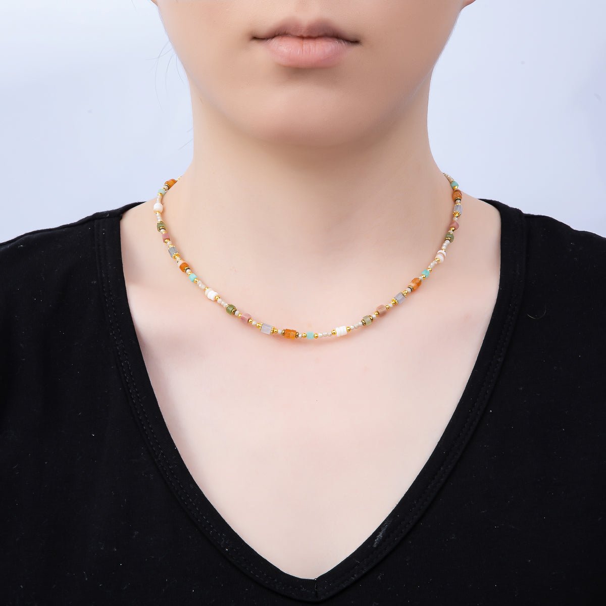 Handmade Stainless Steel 2mm Earth Tone Agate Gemstone Chain 16 Inch Necklace | WA-04641 - DLUXCA