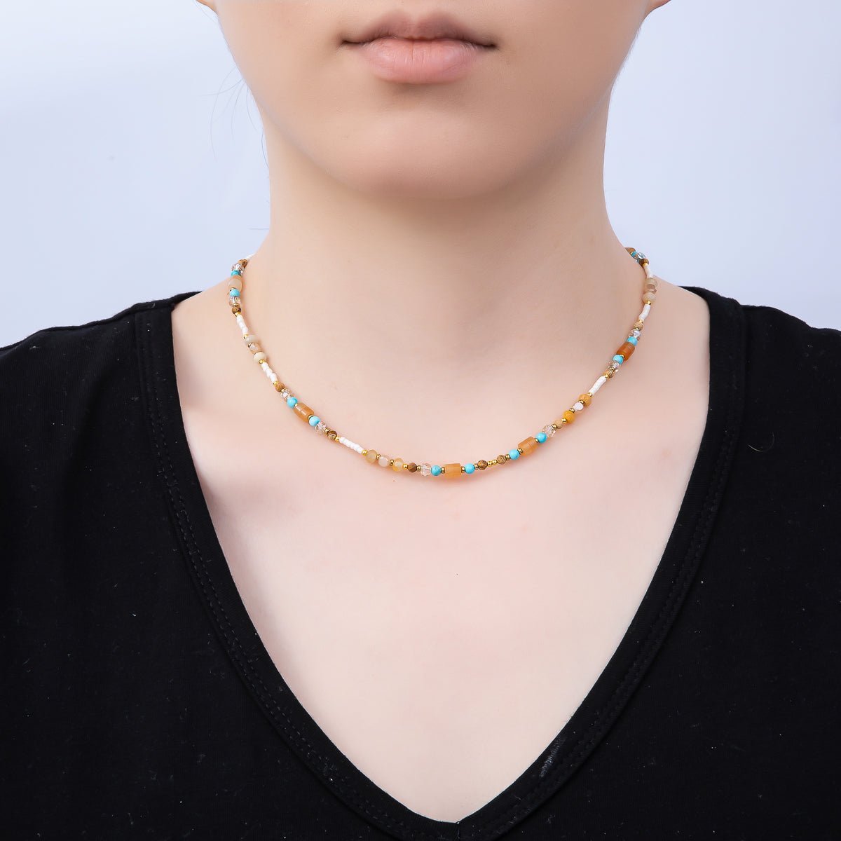 Handmade Stainless Steel 2mm Earth Tone Turquoise Citrine Gemstone Chain 15.5 Inch Necklace | WA-04648 - DLUXCA