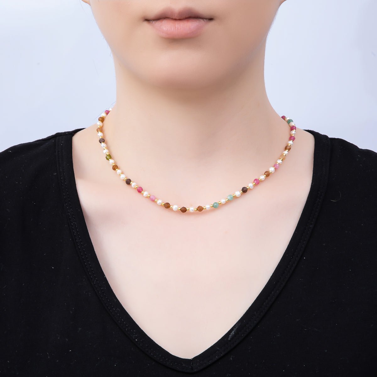 Handmade Stainless Steel 2mm Multifaceted Multicolor Gemstone Chain 16 Inch Necklace | WA-04642 - DLUXCA