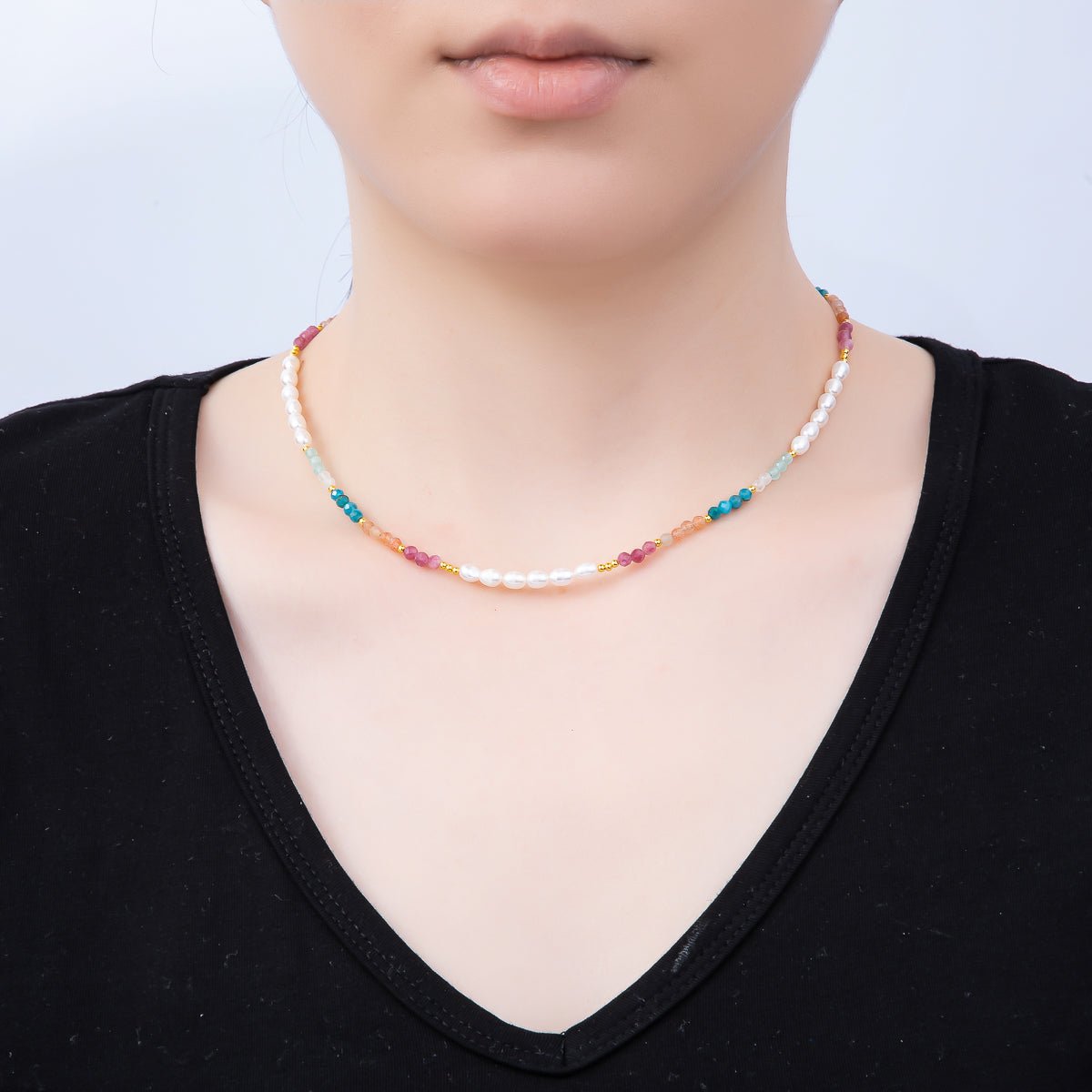 Handmade Stainless Steel 2mm Shell Pearl Multicolor Gemstone Chain 16 Inch Necklace | WA-04646 - DLUXCA