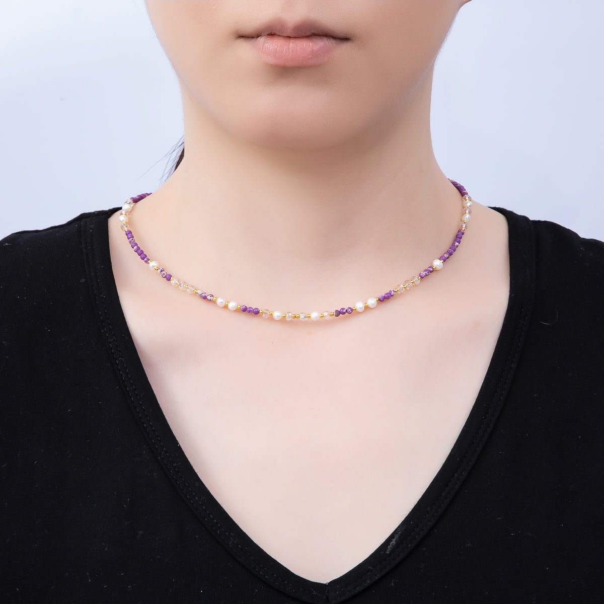 Handmade Stainless Steel 3mm Purple Amethyst AB Gemstone Chain 16 Inch Necklace | WA-04647 - DLUXCA