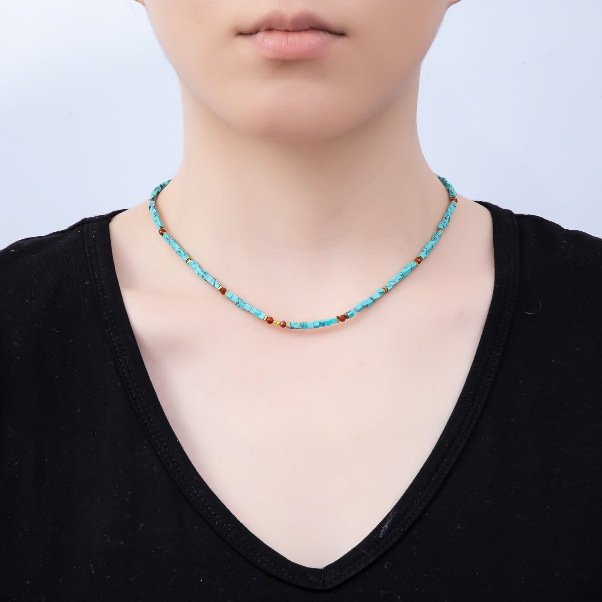 Handmade Stainless Steel 3mm Red Carnelian Turquoise Gemstone Chain 16 Inch Necklace | WA-04637 - DLUXCA