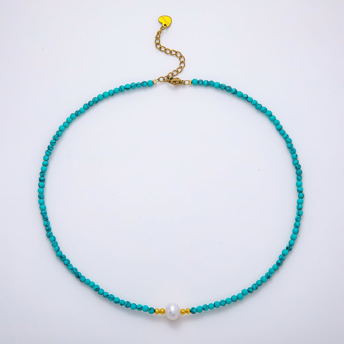 Handmade Stainless Steel 3mm Shell Pearl Blue Turquoise Gemstone Chain 15.5 Inch Necklace | WA-04644 - DLUXCA