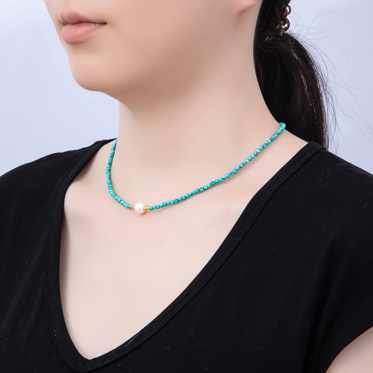 Handmade Stainless Steel 3mm Shell Pearl Blue Turquoise Gemstone Chain 15.5 Inch Necklace | WA-04644 - DLUXCA