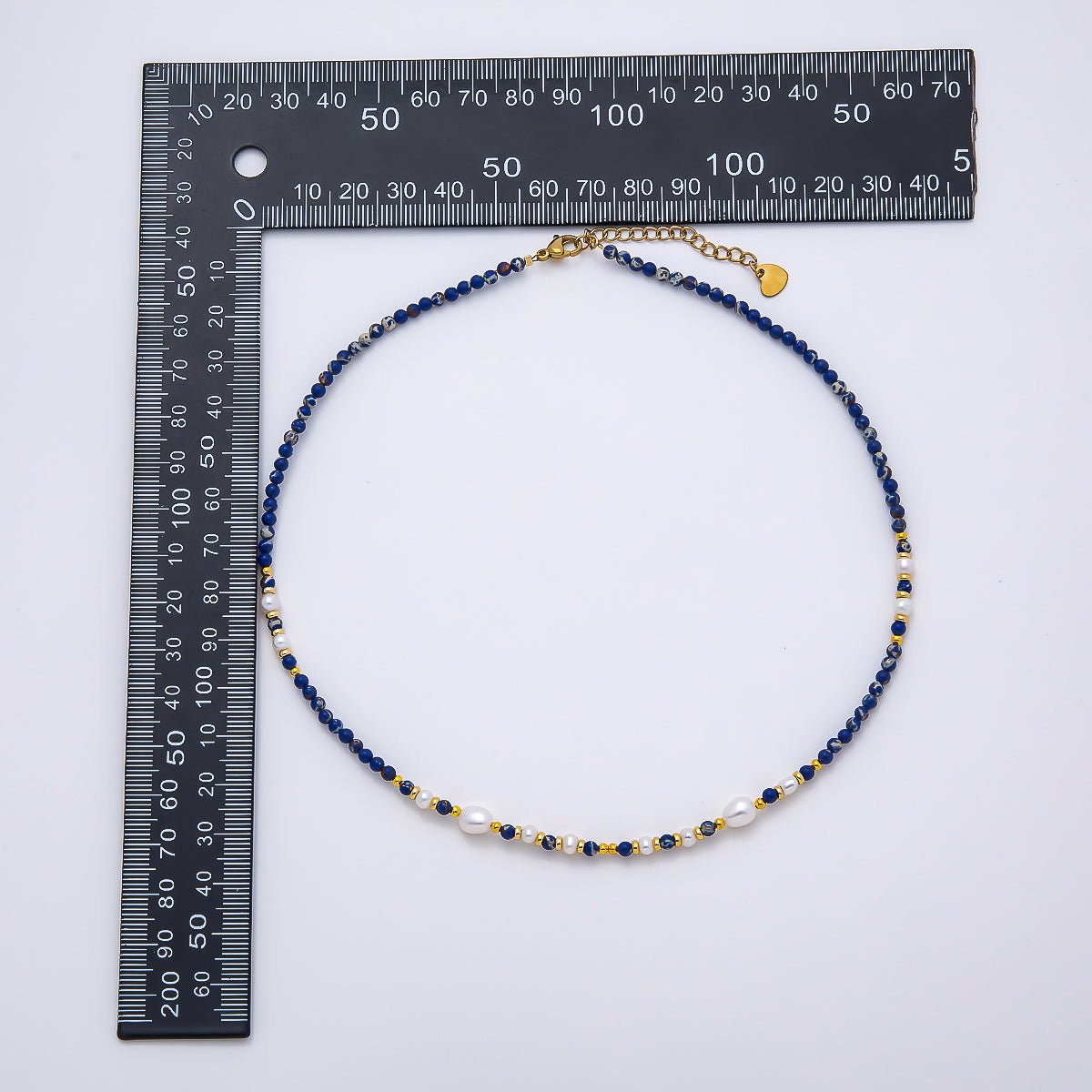 Handmade Stainless Steel 3mm Shell Pearl Lapis Lazuli Gemstone Chain 16 Inch Necklace | WA-04649 - DLUXCA