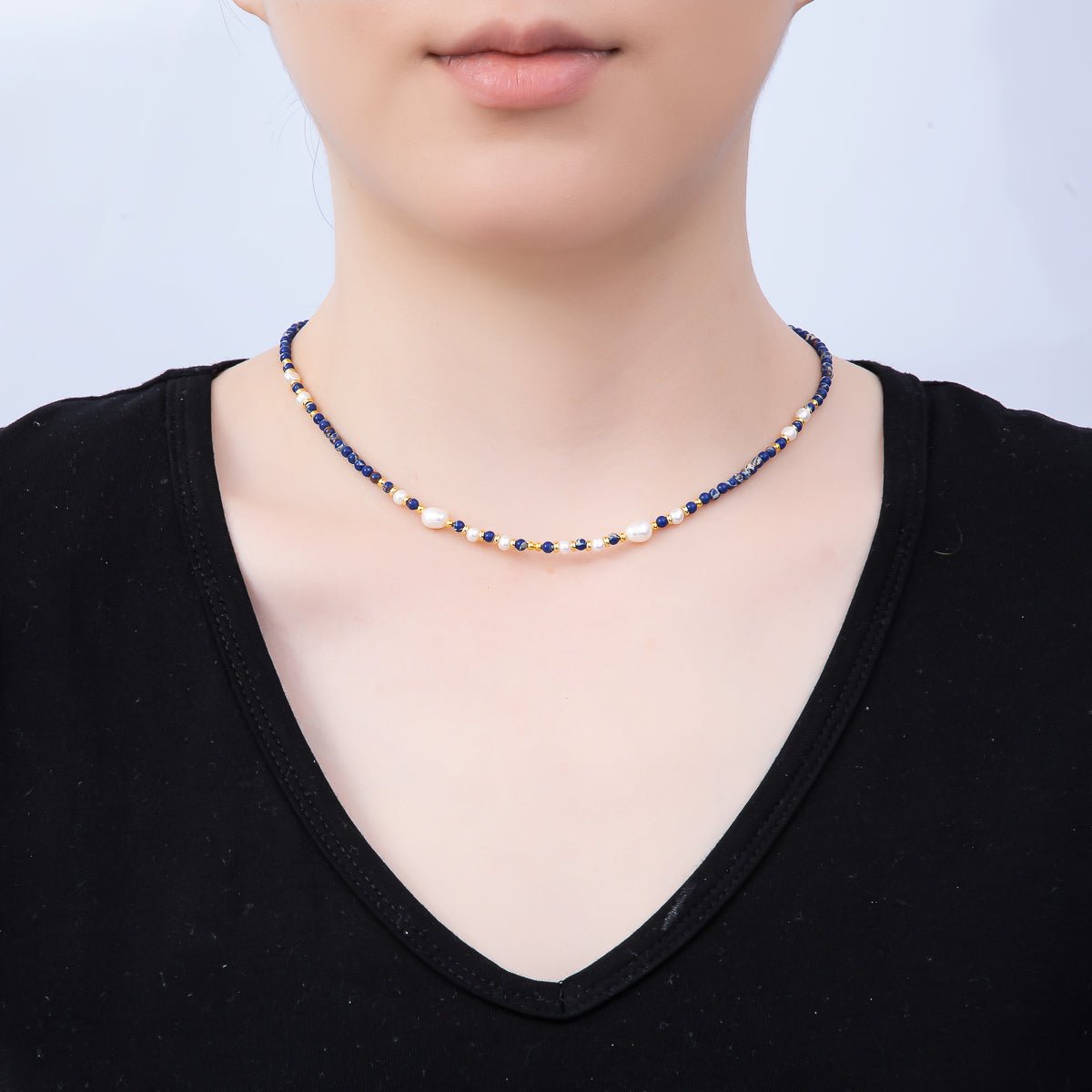 Handmade Stainless Steel 3mm Shell Pearl Lapis Lazuli Gemstone Chain 16 Inch Necklace | WA-04649 - DLUXCA