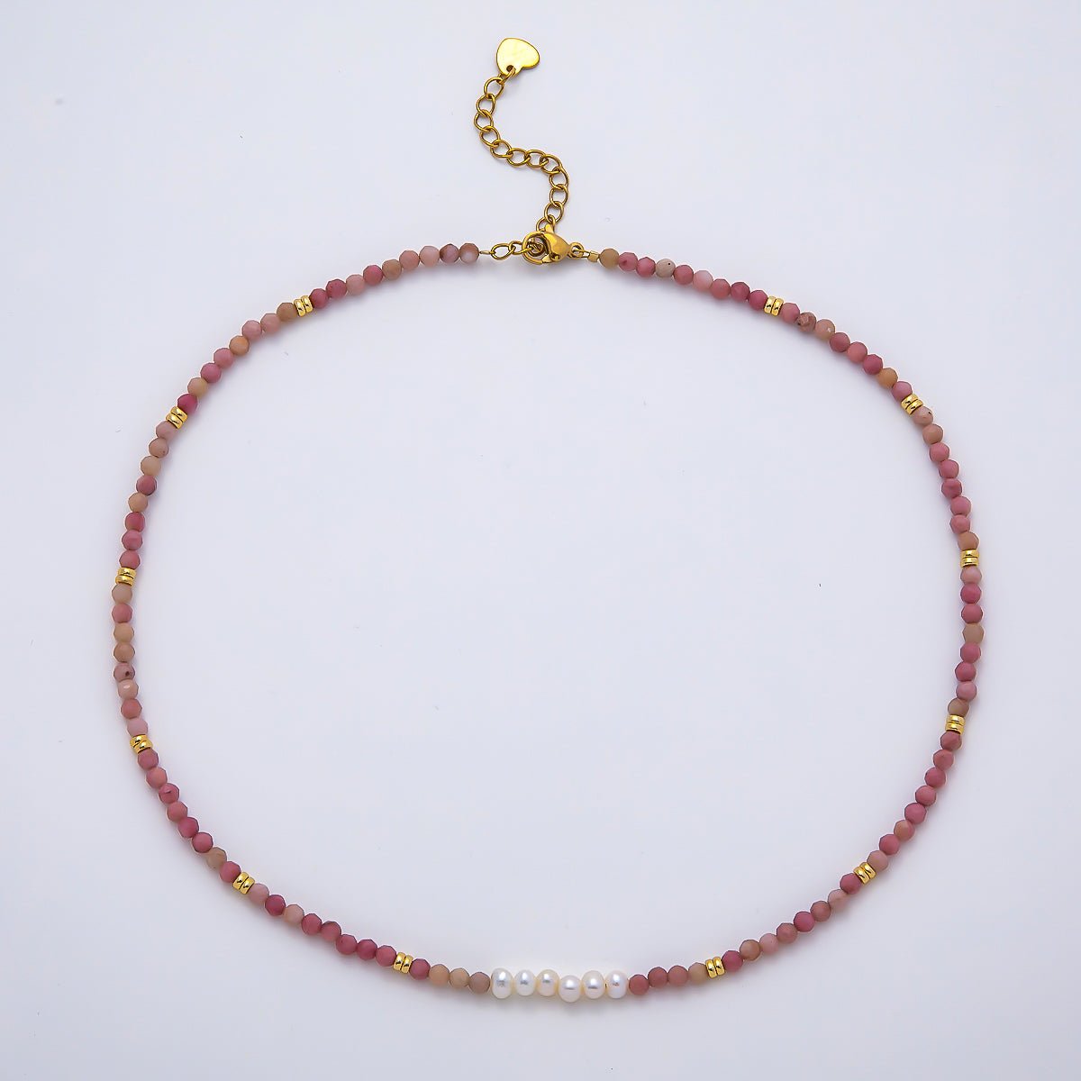 Handmade Stainless Steel 3mm Shell Pearl Rose Quartz Gemstone Chain 15.5 Inch Necklace | WA-04653 - DLUXCA