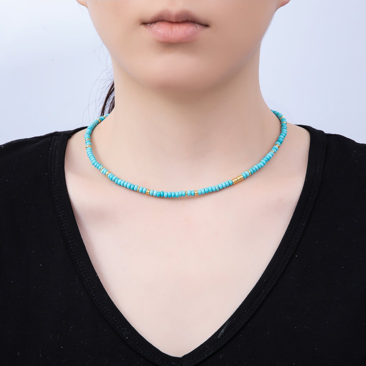 Handmade Stainless Steel 4.5mm Turquoise Rondelle Bead Gemstone Chain 16 Inch Necklace | WA-04655 - DLUXCA