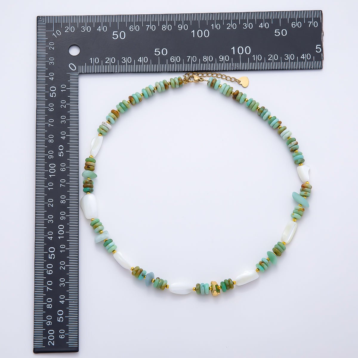 Handmade Stainless Steel 8mm White Shell Pearl Turquoise Rondelle Gemstone Chain 15.5 Inch Necklace | WA-04727 - DLUXCA