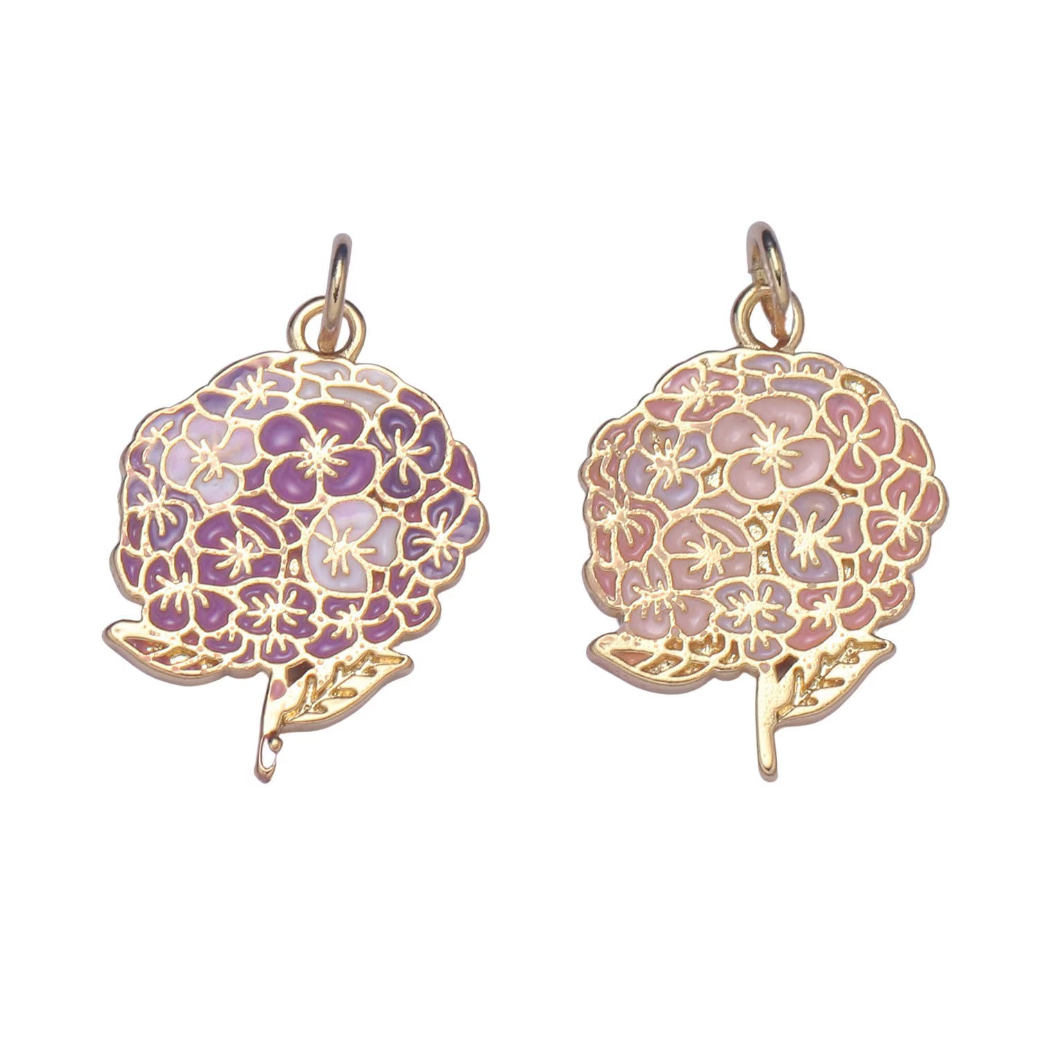14K Gold Filled 24mm Pink, Purple Enamel Hydrangeas Charm | E290 E291