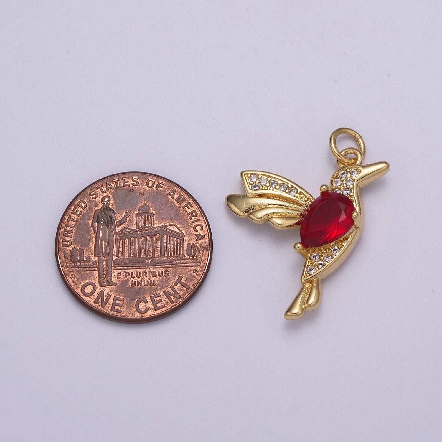Micro Pave Gold Hummingbird Charm 24k Gold Filled Humming Bird Pendant 25.7mm x 19.7 mm Red CZ gold jewelry For Necklace Earring N-230