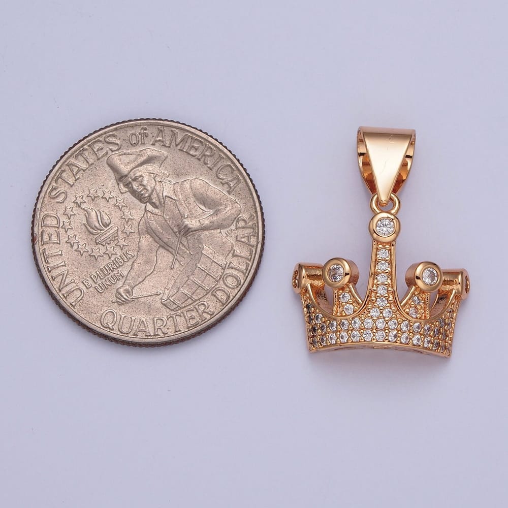 18K Gold Dainty Queen Royal Crown Micro Pave CZ Stones Pendant, King Queen Crown Design Charm | X-379