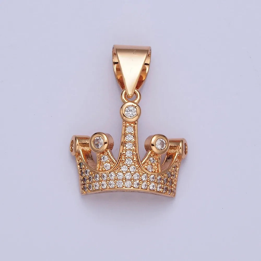 18K Gold Dainty Queen Royal Crown Micro Pave CZ Stones Pendant, King Queen Crown Design Charm | X-379