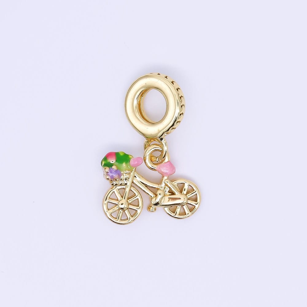 24K Gold Filled 11mm Multicolor Enamel Flower Basket Bicycle Bike Drop Rondelle Charm | AC1632