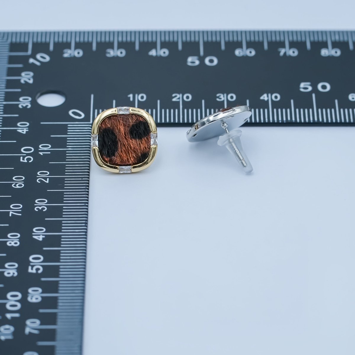 Leopard Print Faux Fur Dotted Baguette Bezel Stud Earrings in Gold & Silver | AE158 AE184 - DLUXCA